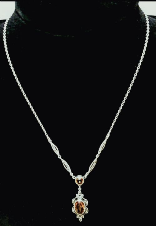 EDWARDIAN CITRINE MARCASITE STERLING SILVER CHAIN NECKLACE IN LAVALIER PENDANT STYLE - ADDITIONAL PHOTO 6