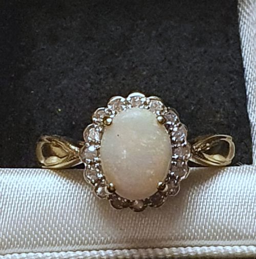opal diamond halo on 9ct gold ring size p - CATEGORY: ANTIQUE JEWELLERY - DATED 1930
