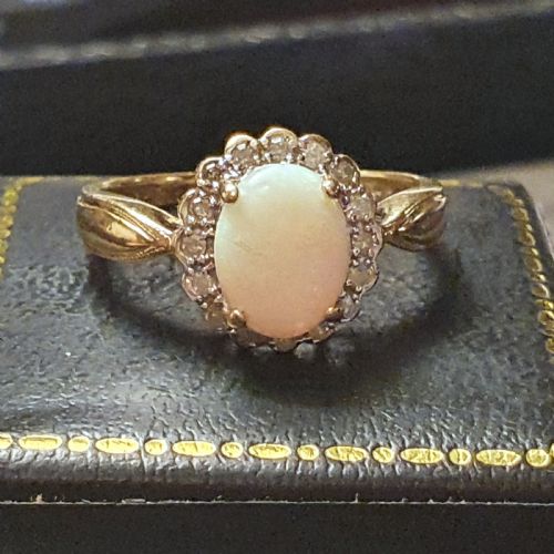 OPAL DIAMOND HALO ON 9CT GOLD RING SIZE P - ADDITIONAL PHOTO 8