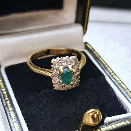 ART DECO EMERALD DIAMOND HALO 18CT GOLD RING SIZE J - ADDITIONAL PHOTO 6