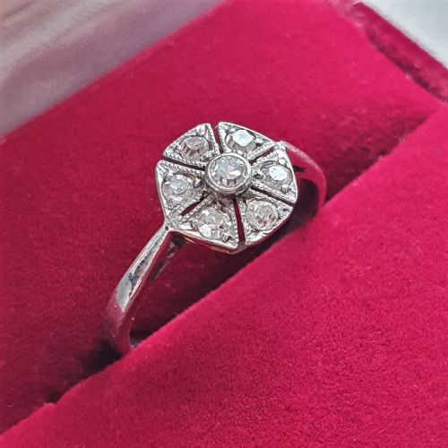 18CT WHITE GOLD 1920S ART DECO DIAMONDS FAN RING SIZE O - ADDITIONAL PHOTO 1