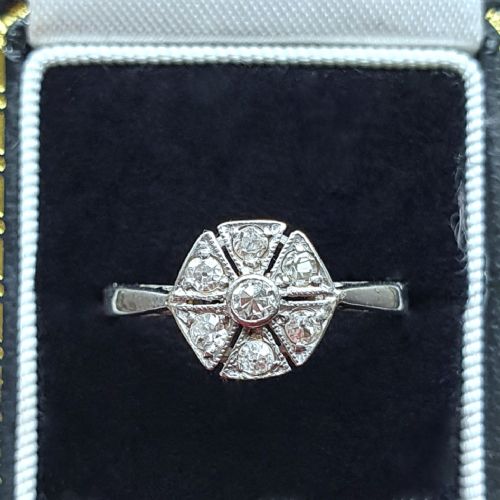 18CT WHITE GOLD 1920S ART DECO DIAMONDS FAN RING SIZE O - ADDITIONAL PHOTO 8
