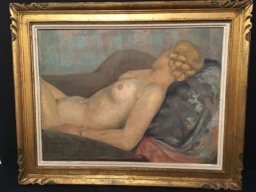 bertrand french 20c art deco reclining nude on sofa oil on canvas 1930s - CATEGORY: ANTIQUE ART - DATED 1930