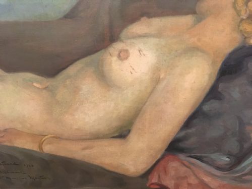 BERTRAND FRENCH 20C ART DECO RECLINING NUDE ON SOFA OIL ON CANVAS 1930S - ADDITIONAL PHOTO 1