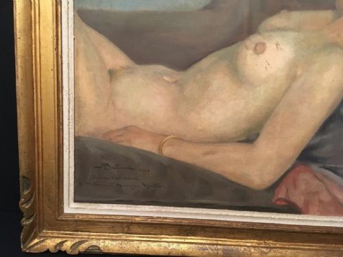 BERTRAND FRENCH 20C ART DECO RECLINING NUDE ON SOFA OIL ON CANVAS 1930S - ADDITIONAL PHOTO 6