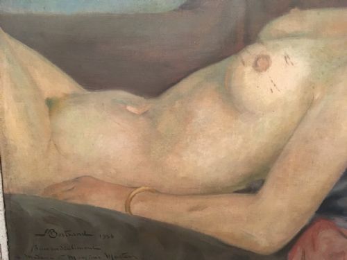 BERTRAND FRENCH 20C ART DECO RECLINING NUDE ON SOFA OIL ON CANVAS 1930S - ADDITIONAL PHOTO 7