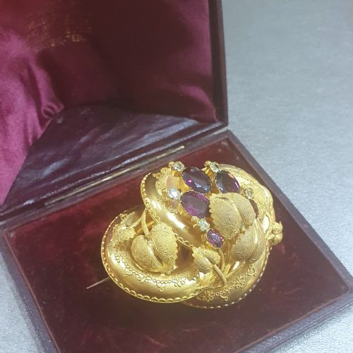 victorian 15ct gold brooch pendant amethyst crystalline in original domed box - CATEGORY: ANTIQUE JEWELLERY - DATED VICTORIAN