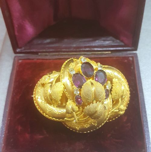 VICTORIAN 15CT GOLD BROOCH PENDANT AMETHYST CRYSTALLINE IN ORIGINAL DOMED BOX - ADDITIONAL PHOTO 2
