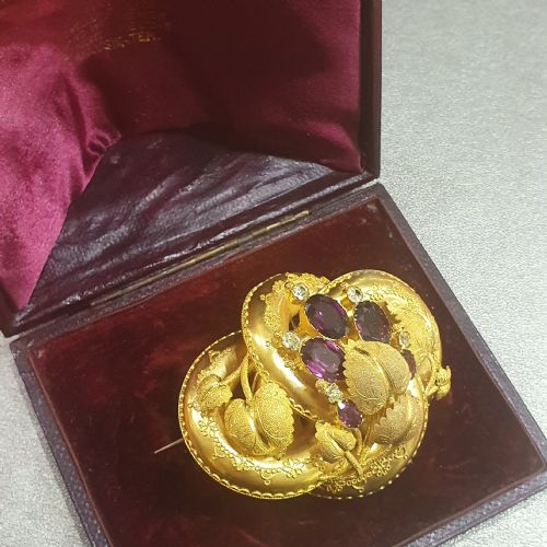 VICTORIAN 15CT GOLD BROOCH PENDANT AMETHYST CRYSTALLINE IN ORIGINAL DOMED BOX - ADDITIONAL PHOTO 3