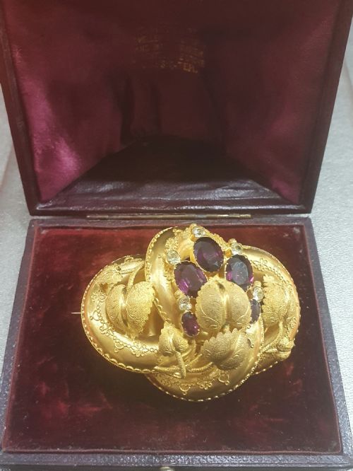 VICTORIAN 15CT GOLD BROOCH PENDANT AMETHYST CRYSTALLINE IN ORIGINAL DOMED BOX - ADDITIONAL PHOTO 6