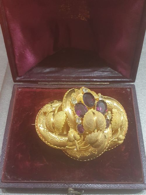 VICTORIAN 15CT GOLD BROOCH PENDANT AMETHYST CRYSTALLINE IN ORIGINAL DOMED BOX - ADDITIONAL PHOTO 7