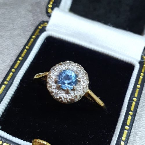 edwardian art deco aquamarine diamond halo 18ct gold ring size r - CATEGORY: ANTIQUE JEWELLERY - DATED 1910