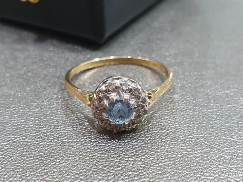 EDWARDIAN ART DECO AQUAMARINE DIAMOND HALO 18CT GOLD RING SIZE R - ADDITIONAL PHOTO 1