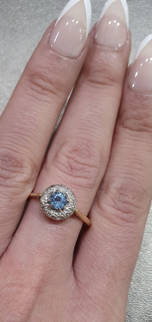 EDWARDIAN ART DECO AQUAMARINE DIAMOND HALO 18CT GOLD RING SIZE R - ADDITIONAL PHOTO 7