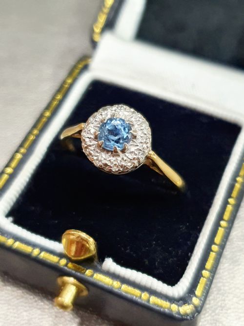 EDWARDIAN ART DECO AQUAMARINE DIAMOND HALO 18CT GOLD RING SIZE R - ADDITIONAL PHOTO 8