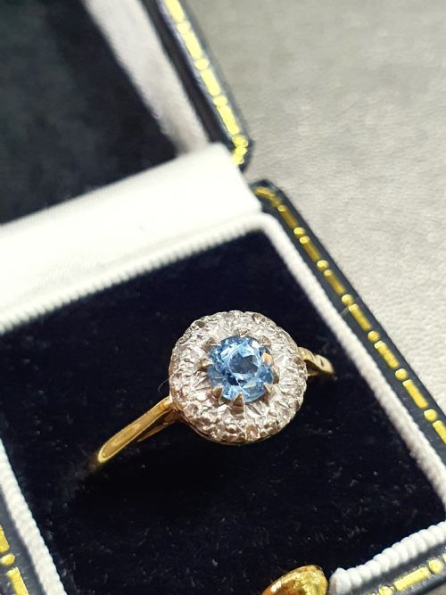EDWARDIAN ART DECO AQUAMARINE DIAMOND HALO 18CT GOLD RING SIZE R - ADDITIONAL PHOTO 10