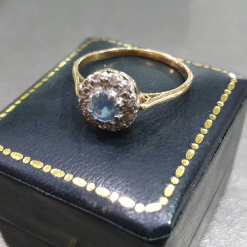 EDWARDIAN ART DECO AQUAMARINE DIAMOND HALO 18CT GOLD RING SIZE R - ADDITIONAL PHOTO 11