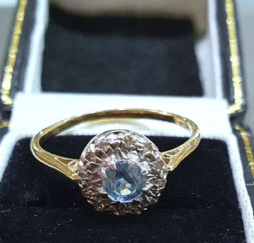 EDWARDIAN ART DECO AQUAMARINE DIAMOND HALO 18CT GOLD RING SIZE R - ADDITIONAL PHOTO 13