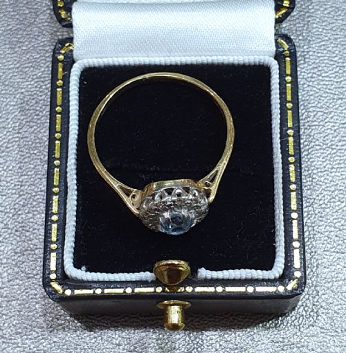 EDWARDIAN ART DECO AQUAMARINE DIAMOND HALO 18CT GOLD RING SIZE R - ADDITIONAL PHOTO 14