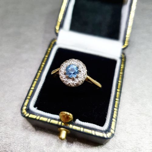 EDWARDIAN ART DECO AQUAMARINE DIAMOND HALO 18CT GOLD RING SIZE R - ADDITIONAL PHOTO 15