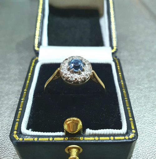 EDWARDIAN ART DECO AQUAMARINE DIAMOND HALO 18CT GOLD RING SIZE R - ADDITIONAL PHOTO 16
