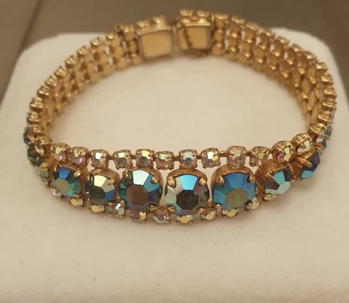 1950S AURORA BOREALIS TEAL CRYSTAL BRACELET WITH SAFETY CHAIN - ADDITIONAL PHOTO 9