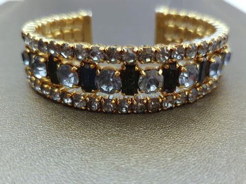 1950S AQUA SAPPHIRE BLUE RHINESTONE CRYSTAL GOLDTONE CUFF BRACELET - ADDITIONAL PHOTO 2