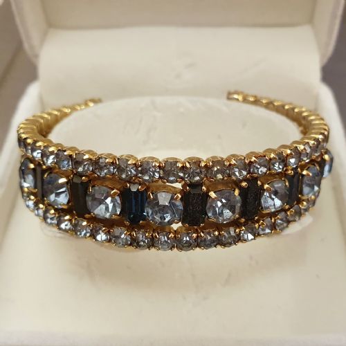 1950S AQUA SAPPHIRE BLUE RHINESTONE CRYSTAL GOLDTONE CUFF BRACELET - ADDITIONAL PHOTO 5