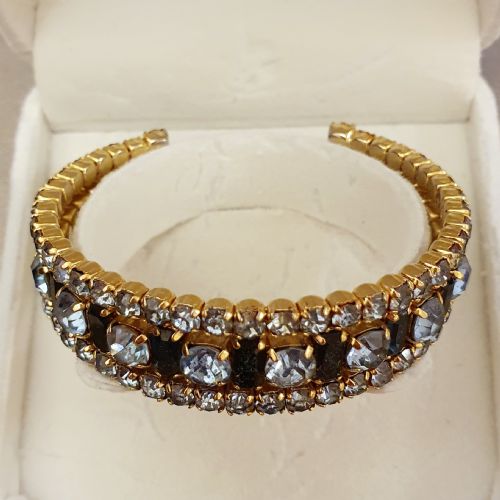 1950S AQUA SAPPHIRE BLUE RHINESTONE CRYSTAL GOLDTONE CUFF BRACELET - ADDITIONAL PHOTO 6