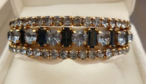 1950S AQUA SAPPHIRE BLUE RHINESTONE CRYSTAL GOLDTONE CUFF BRACELET - ADDITIONAL PHOTO 7