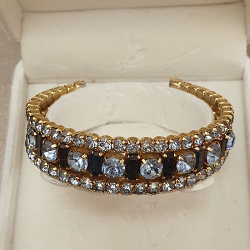1950S AQUA SAPPHIRE BLUE RHINESTONE CRYSTAL GOLDTONE CUFF BRACELET - ADDITIONAL PHOTO 9