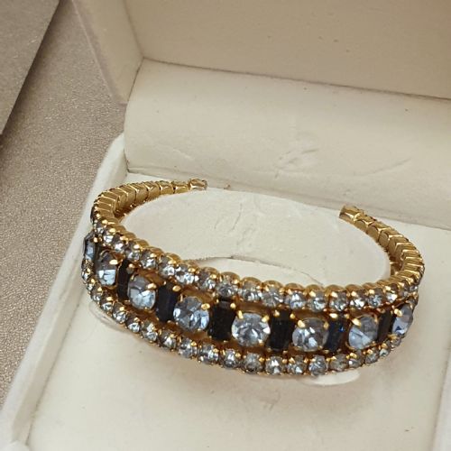 1950S AQUA SAPPHIRE BLUE RHINESTONE CRYSTAL GOLDTONE CUFF BRACELET - ADDITIONAL PHOTO 14