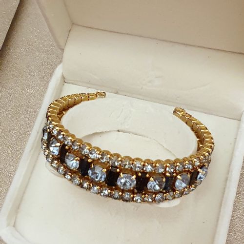 1950S AQUA SAPPHIRE BLUE RHINESTONE CRYSTAL GOLDTONE CUFF BRACELET - ADDITIONAL PHOTO 15