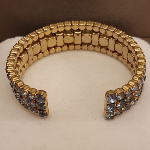 1950S AQUA SAPPHIRE BLUE RHINESTONE CRYSTAL GOLDTONE CUFF BRACELET - ADDITIONAL PHOTO 12
