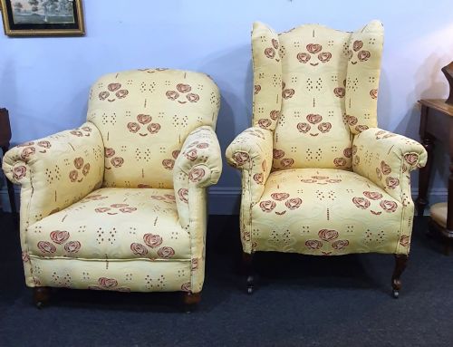 pair victorian his hers matched armchairs reupholstered in charles macintosh style fabric c1880 - CATEGORY: ANTIQUE CHAIRS - DATED VICTORIAN