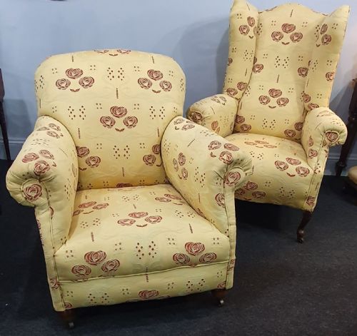 PAIR VICTORIAN HIS HERS MATCHED ARMCHAIRS REUPHOLSTERED IN CHARLES MACINTOSH STYLE FABRIC C1880 - ADDITIONAL PHOTO 1