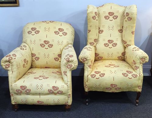 PAIR VICTORIAN HIS HERS MATCHED ARMCHAIRS REUPHOLSTERED IN CHARLES MACINTOSH STYLE FABRIC C1880 - ADDITIONAL PHOTO 2