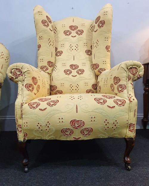 PAIR VICTORIAN HIS HERS MATCHED ARMCHAIRS REUPHOLSTERED IN CHARLES MACINTOSH STYLE FABRIC C1880 - ADDITIONAL PHOTO 3