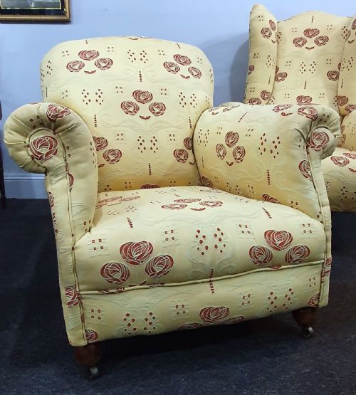 PAIR VICTORIAN HIS HERS MATCHED ARMCHAIRS REUPHOLSTERED IN CHARLES MACINTOSH STYLE FABRIC C1880 - ADDITIONAL PHOTO 4