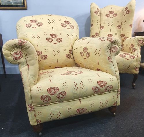 PAIR VICTORIAN HIS HERS MATCHED ARMCHAIRS REUPHOLSTERED IN CHARLES MACINTOSH STYLE FABRIC C1880 - ADDITIONAL PHOTO 6