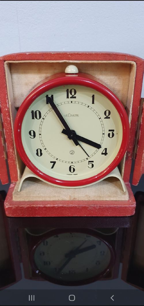 lecoultre clock 1920s art deco pre jaegerlecoultre 2 day alarm clock original red leather case serviced 12 mo guarantee - CATEGORY: ANTIQUE CLOCKS - DATED 1920