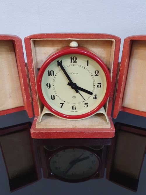 LECOULTRE CLOCK 1920S ART DECO PRE JAEGERLECOULTRE 2 DAY ALARM CLOCK ORIGINAL RED LEATHER CASE SERVICED 12 MO GUARANTEE - ADDITIONAL PHOTO 1