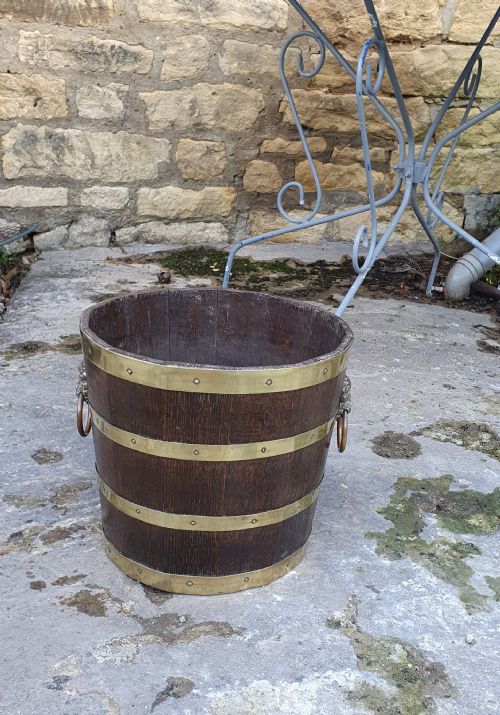 COPPERED OAK BRASS BOUND BUCKET JARDINIERE C1900 - ADDITIONAL PHOTO 1