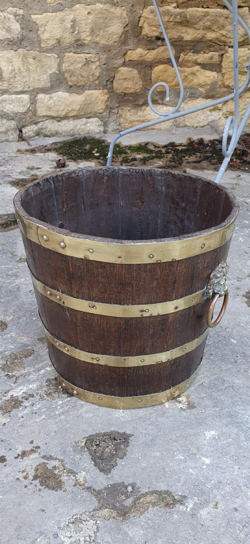 COPPERED OAK BRASS BOUND BUCKET JARDINIERE C1900 - ADDITIONAL PHOTO 4
