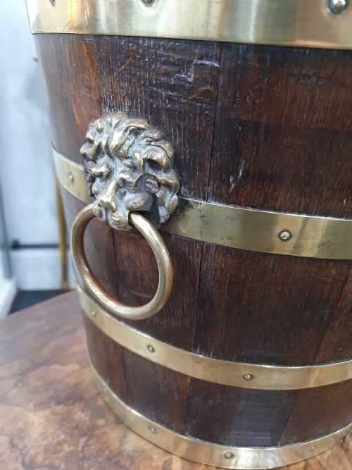 COPPERED OAK BRASS BOUND BUCKET JARDINIERE C1900 - ADDITIONAL PHOTO 2