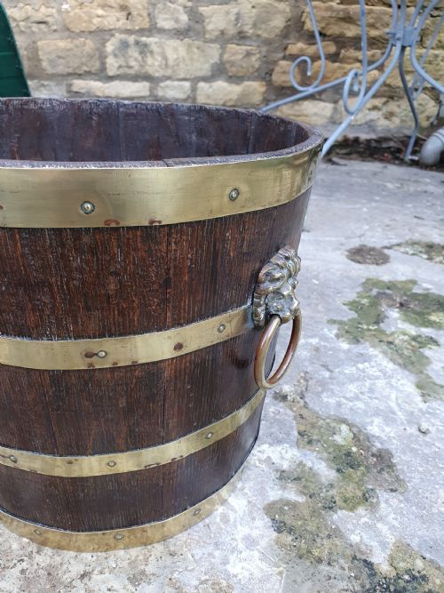 COPPERED OAK BRASS BOUND BUCKET JARDINIERE C1900 - ADDITIONAL PHOTO 3