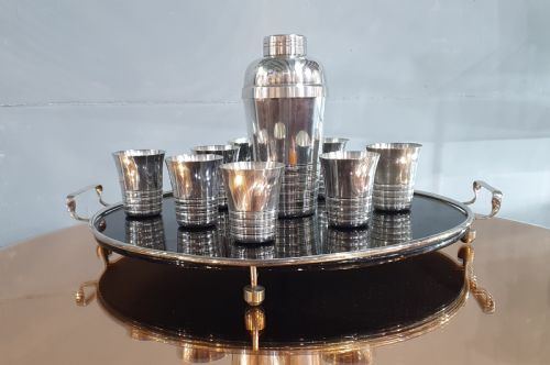 FRENCH ART DECO COCKTAIL SET OF TRAY SHAKER 8 BEAKERS IN SILVER PLATE C1930 - ADDITIONAL PHOTO 5