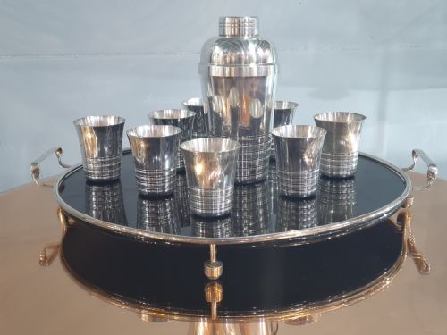 FRENCH ART DECO COCKTAIL SET OF TRAY SHAKER 8 BEAKERS IN SILVER PLATE C1930 - ADDITIONAL PHOTO 9