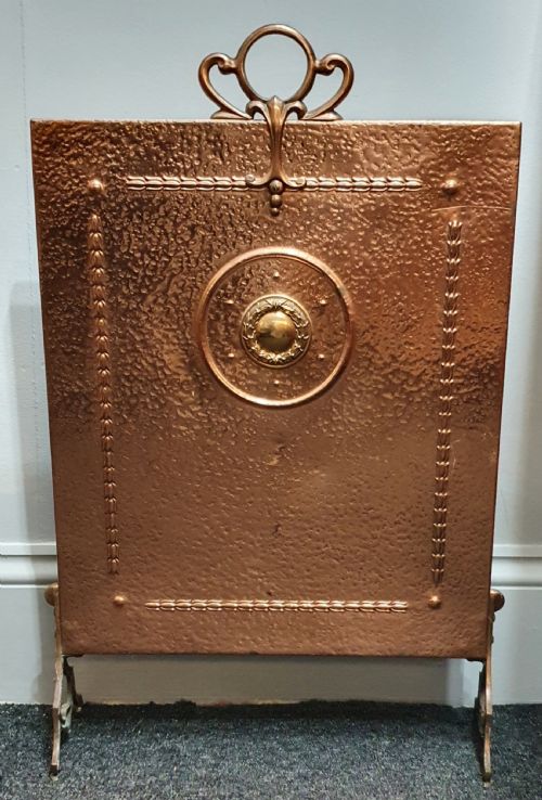 ARTS CRAFTS COPPER FIRESCREEN WITH HANDLE BRASS ACCENTS C1890 - ADDITIONAL PHOTO 1