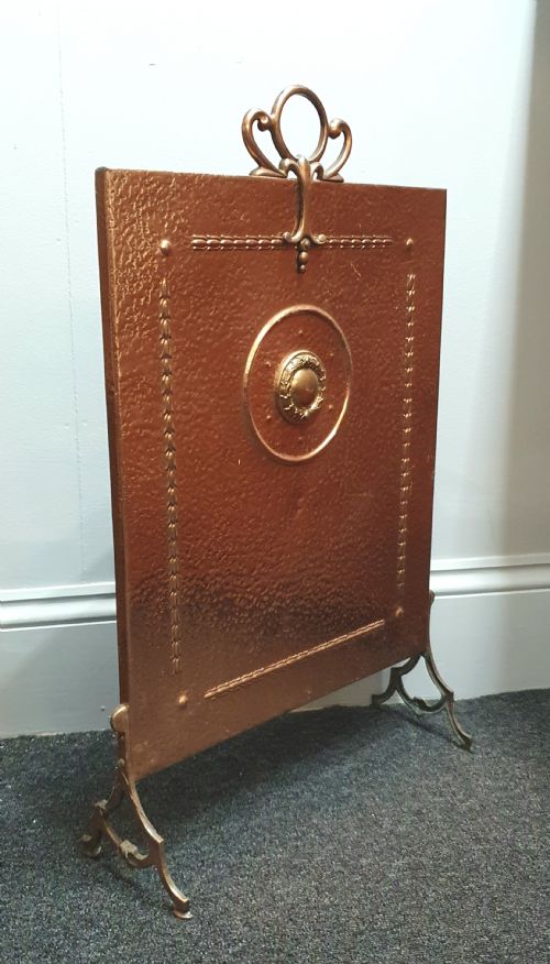 ARTS CRAFTS COPPER FIRESCREEN WITH HANDLE BRASS ACCENTS C1890 - ADDITIONAL PHOTO 2